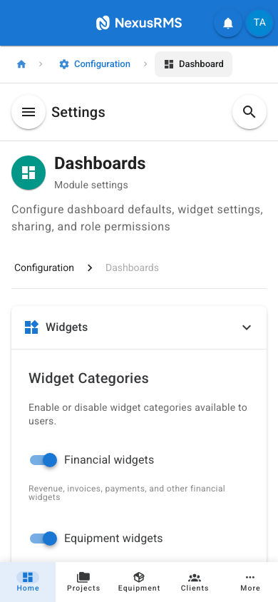 Widgets tab on mobile