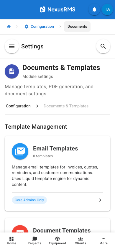 Documents and Templates settings hub on mobile showing cards in a single column
