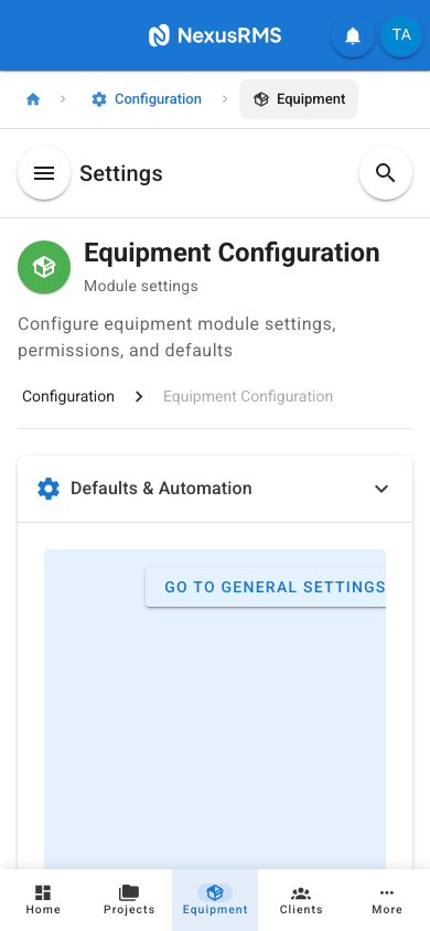 Equipment Settings Defaults and Automation tab on mobile