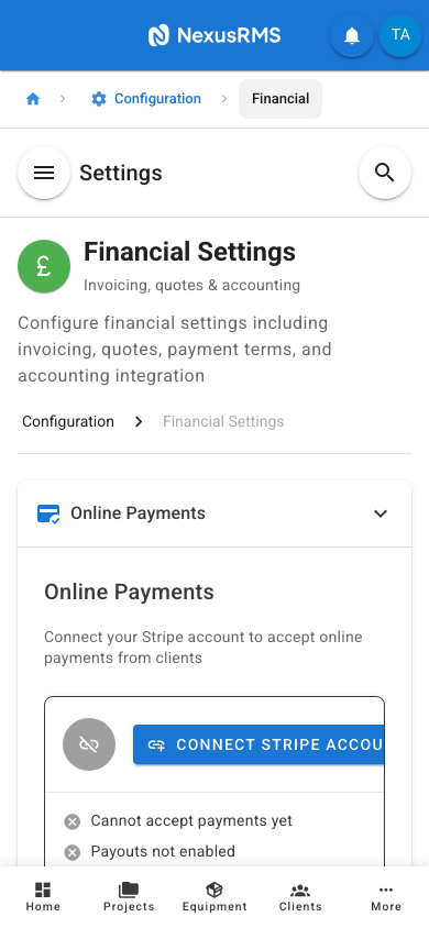 Financial Settings Payment Terms tab on mobile
