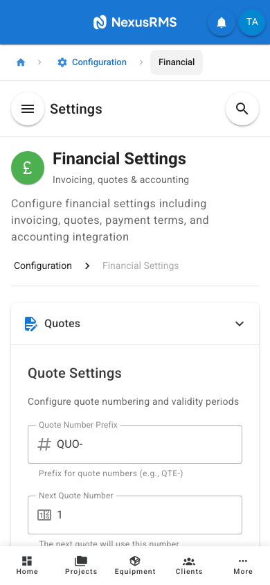 Financial Settings Quotes tab on mobile