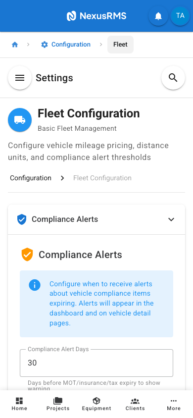 Fleet Settings Compliance Alerts tab on mobile
