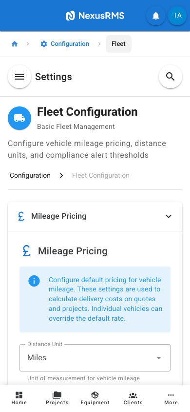 Fleet Settings Mileage Pricing tab on mobile