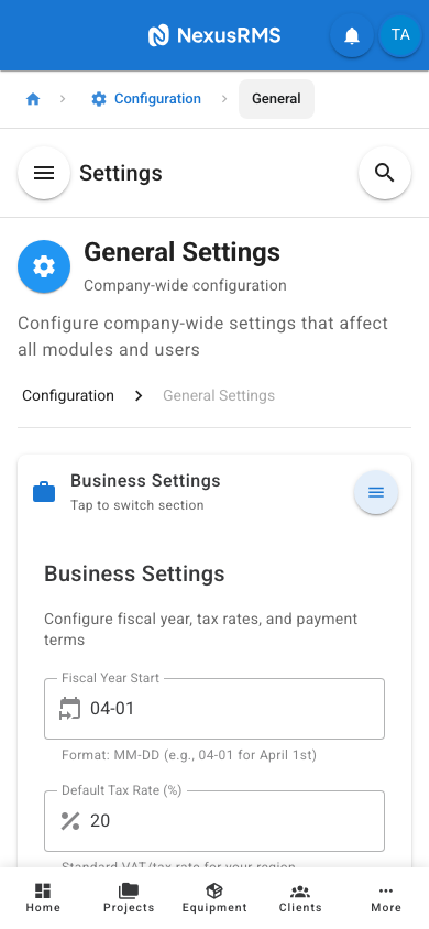 General Settings Business Settings tab on mobile