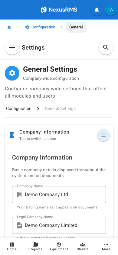General Settings Company Information tab on mobile
