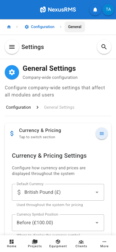 General Settings Currency and Pricing tab on mobile