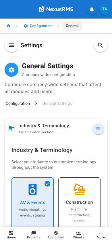General Settings Industry and Terminology tab on mobile