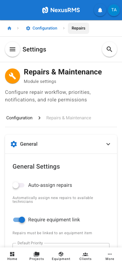 Repairs General tab on mobile